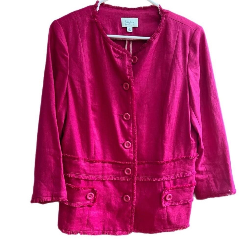 Neiman Marcus Linen Jacket Fuchsia Pink Fringe Trim Button Front‎ Size 10
